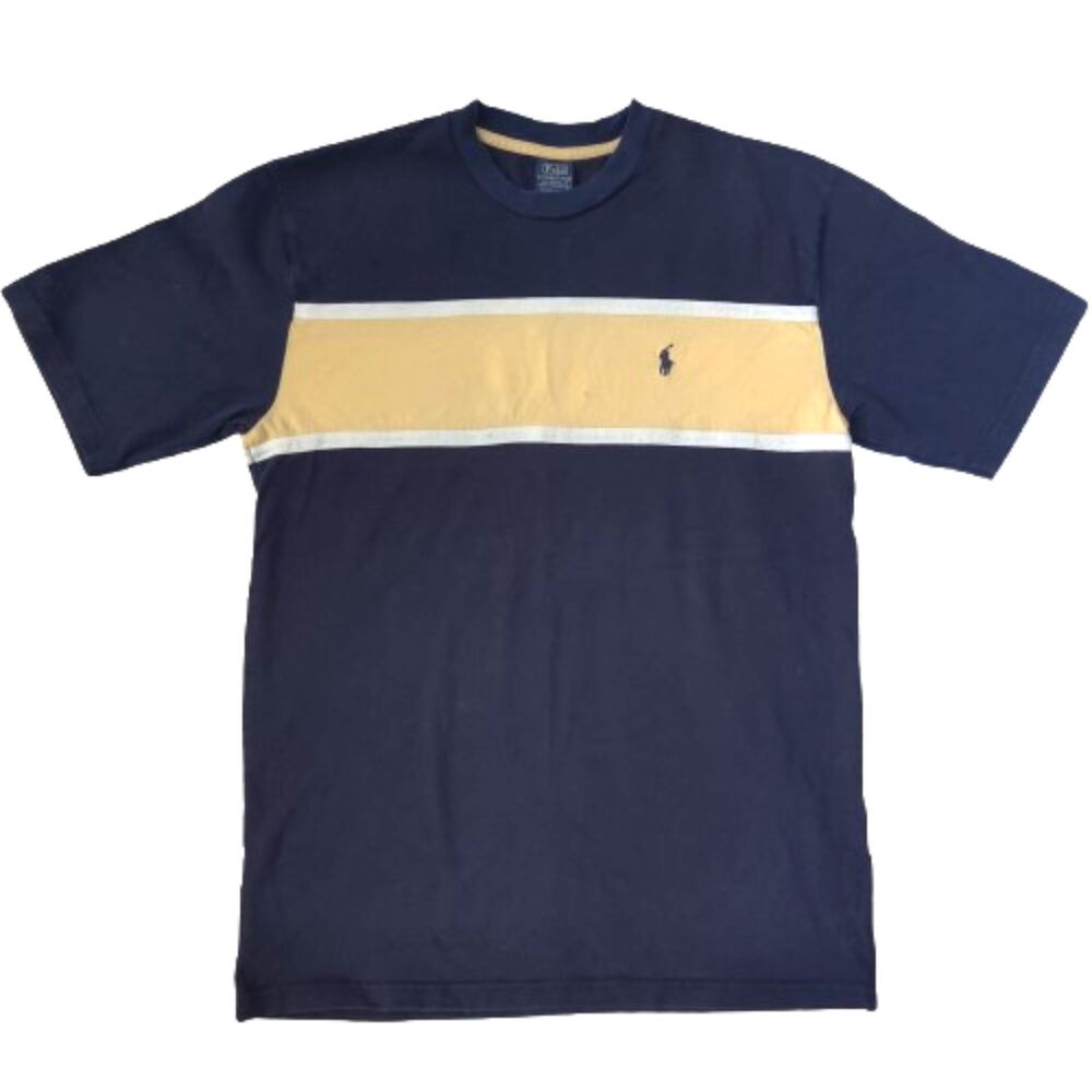 Vintage Polo Ralph Lauren Mens L Navy Yellow Colorblock Stripe T Shirt 90s Y2K